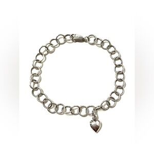 Sterling Silver 925 Circle Links Heart Charm Bracelet 6.5”